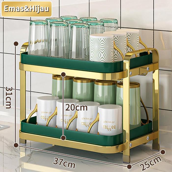 Rak Cangkir Rak Penyimpanan Dapur Cangkir Kopi Rak Kaca Rak Pembuangan - Gold+Hijau