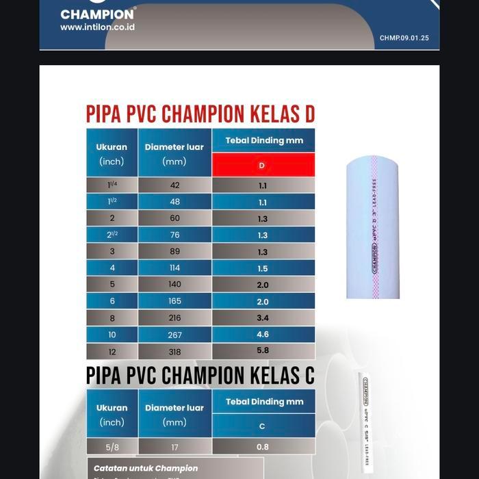 Pipa D 6 CHAMPION 3.9 meter Mirip rucika vinilon pralon langgeng wavin free kirim min 1.5jt