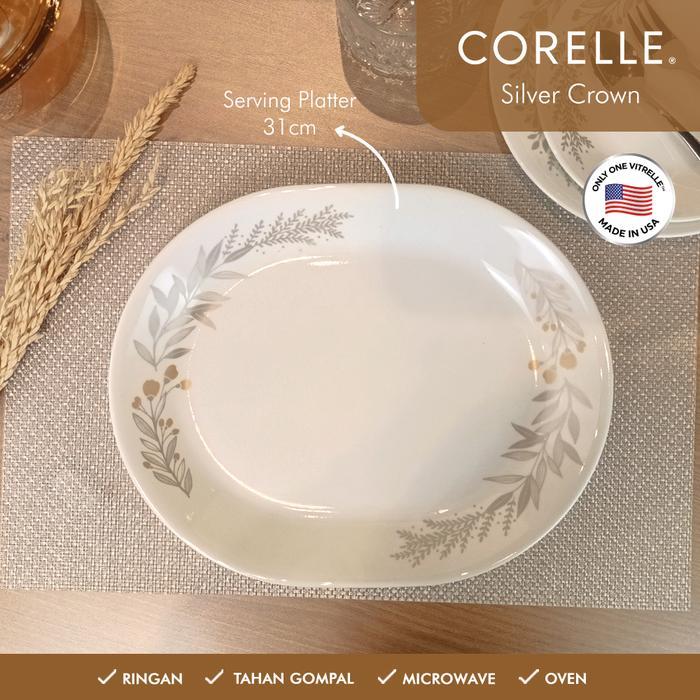 Corelle Silver Crown Serving Plate 31Cm Piring Mangkok Kaca Vitrelle Ringan Daya Tahan Kuat