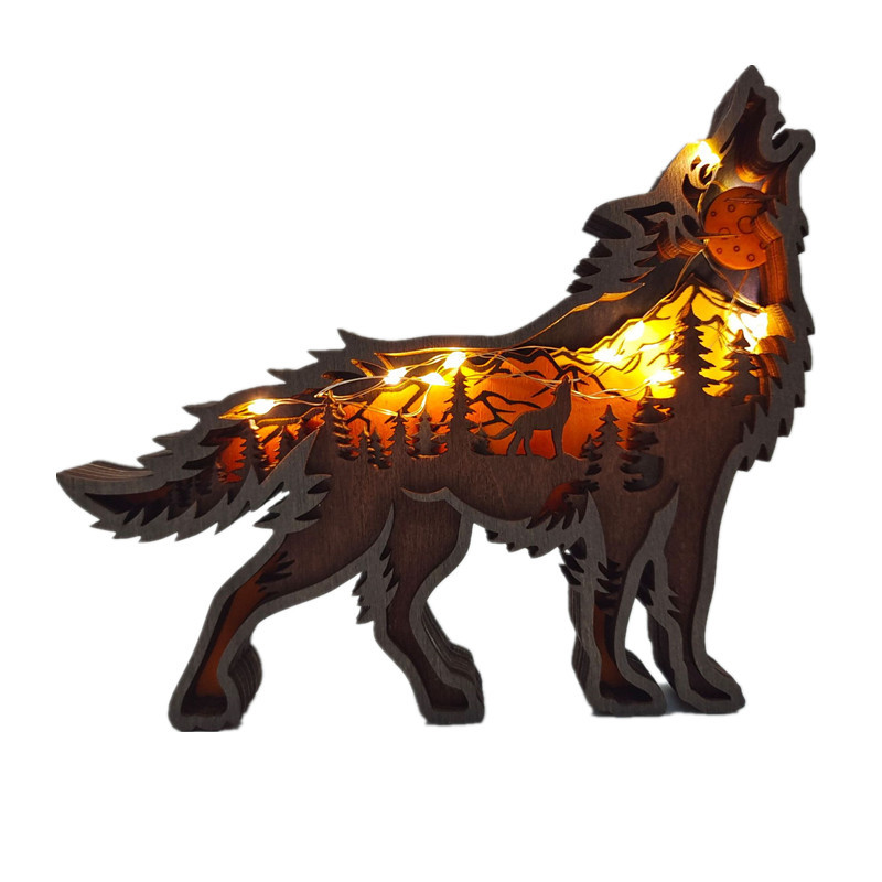 Wolf Totem Wooden Hollow Christmas Animal Creativity Desktop Home Carving Crafts Decor LED Living Ro
