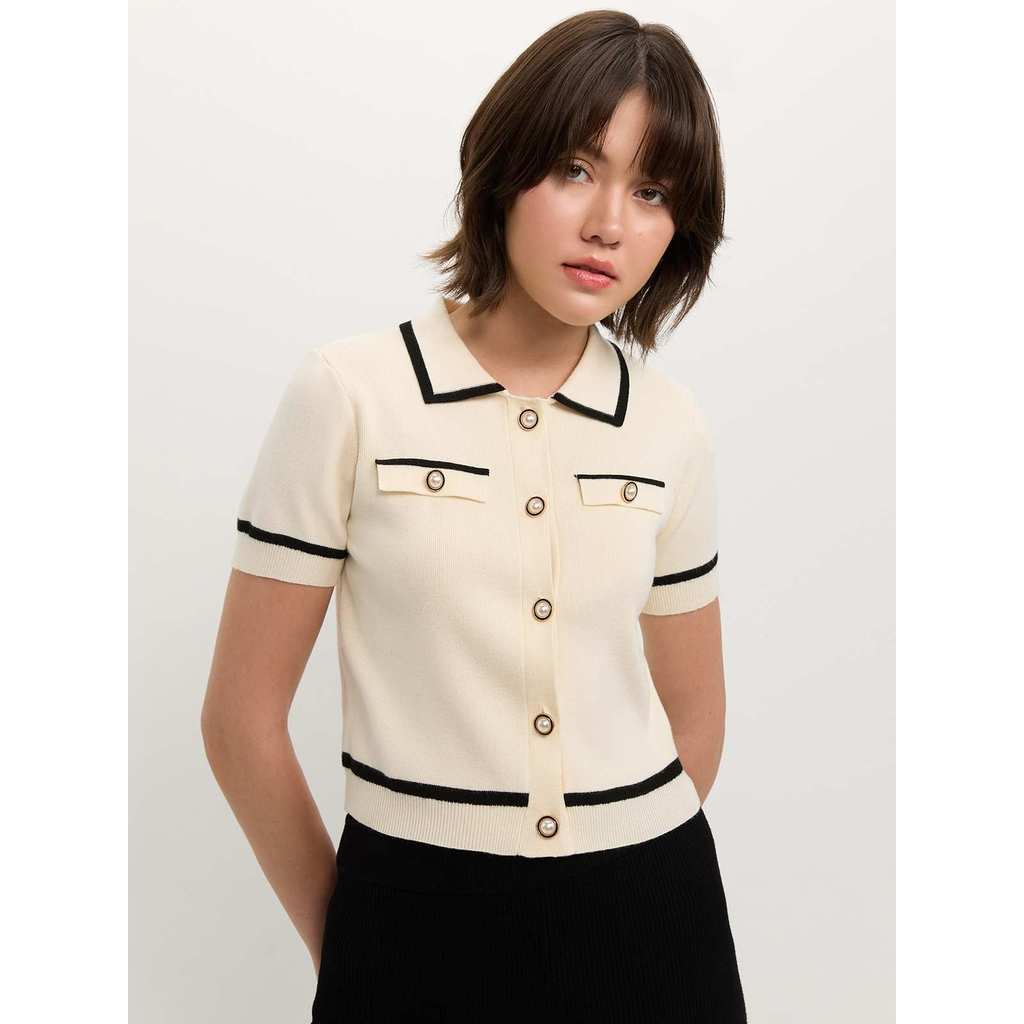 Pomelo Wanita Polo Blouse Wanita Polo Contrast Trim Knit Top Beige Wanita - Polo Contrast Trim Knit 