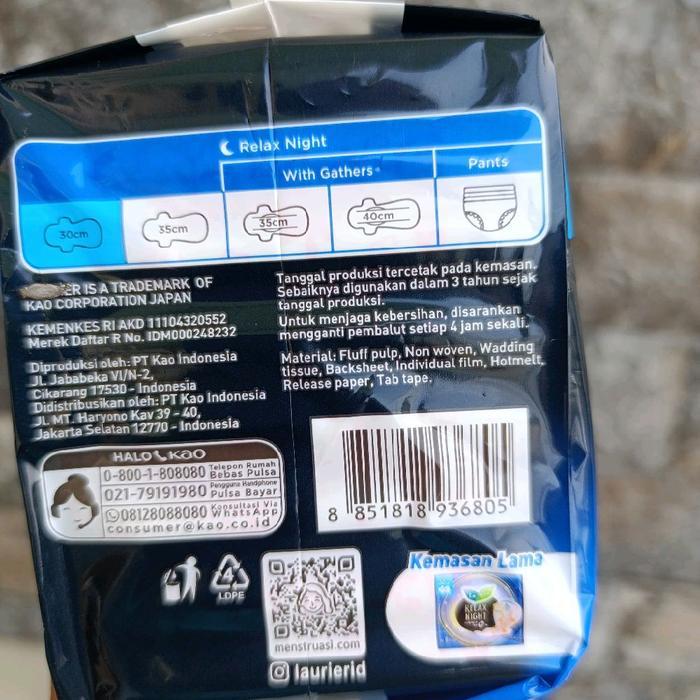qgk4- 4 Pack (32Pcs) Laurier Relax Night 30Cm Pembalut Wanita Bersayap Wing Per Pack Isi 8