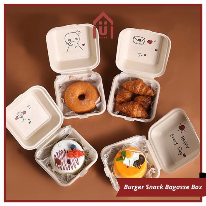 Uniso - [50 Pcs] Bagasse Burger Box Mini Cake Box Korean Bento Box Kotak Burger Kecil Serat Tebu