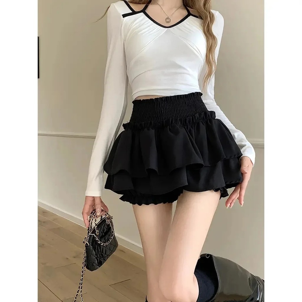 Black Ruffled Skirt For Women High-waisted Slimming A- line Minimalist Summer Ballet-inspired Cake