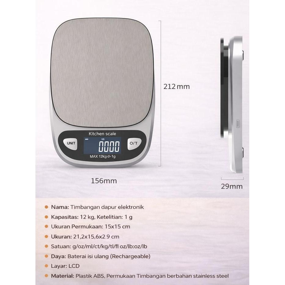 Timbangan Kue Digital Kapasitas 12 kg Rechargeable Kitchen Scale