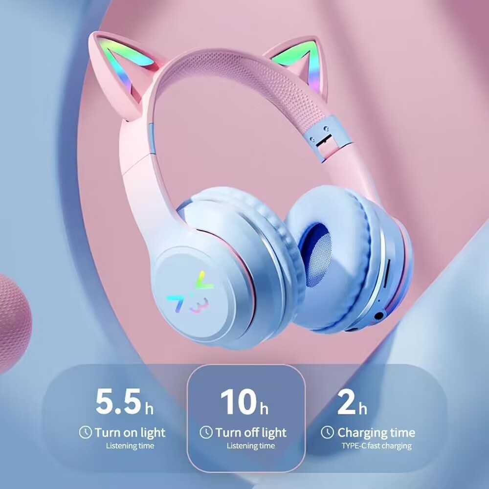 RGB Luminous Cat Ears Wireless Bluetooth Headphones With Microphone Headset Gamer Girl Call Noise
