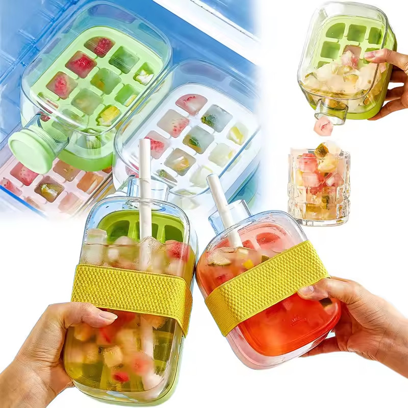 Fashion Water Bottle with Silicone Ice Cube Tray With Straw Zero-contact Pressure Ice Maker Mold for
