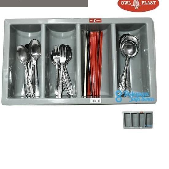 Tempat Sendok Abu Silver Platinum Sekat 4 Plastik Awet Murah Tebal Premium Owl 50X28.5X9CM Cuttlery 