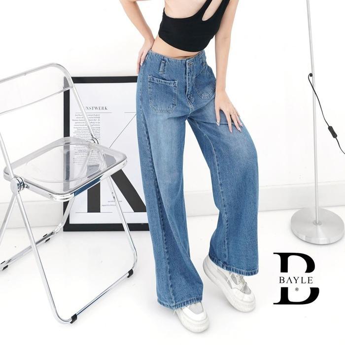 elsi- [Bayle] - 1023 Kz Jeans Celana Kulot Jeans Kulot Highwaist Pants Loose Pants Kantong