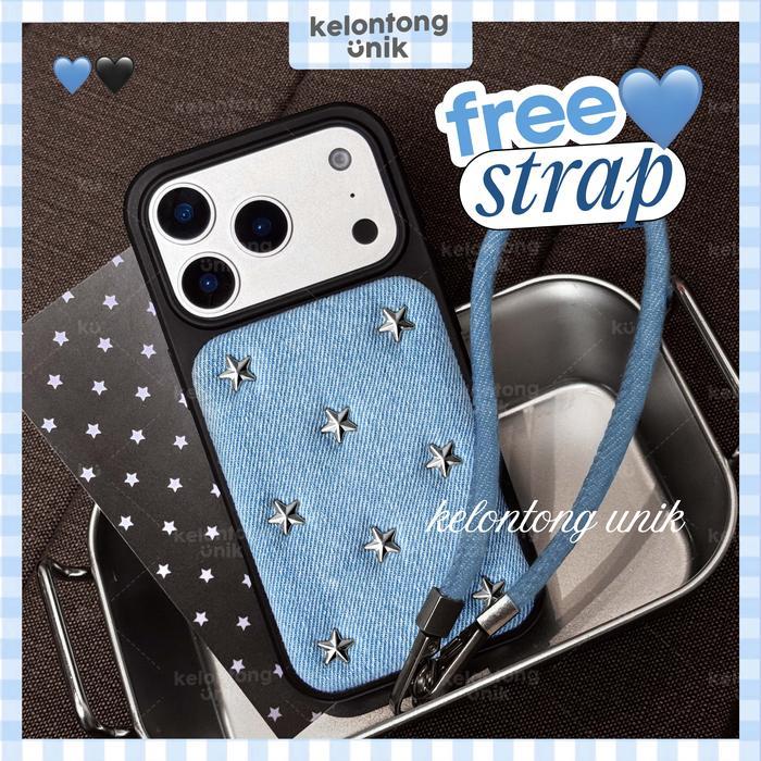 Free Strap Kelontong Unik Ruby Silver Star Rivet Jeans Denim Case - Hardcase Softcase/ Casing Hp For