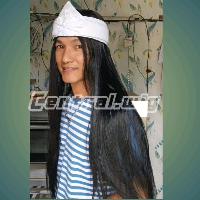 Ready Central Wig Wig Pria Panjang Lurus Tanpa Poni Belah Tengah Rambut Model Pendekar Panjang 60Cm