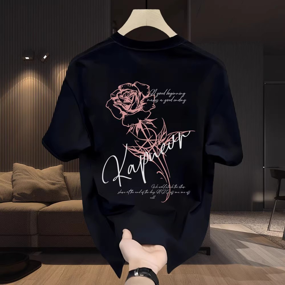 Kaos Lengan Pendek Motif Mawar Artistik - Opsi Warna Putih & Hitam, Gaya Fashion
