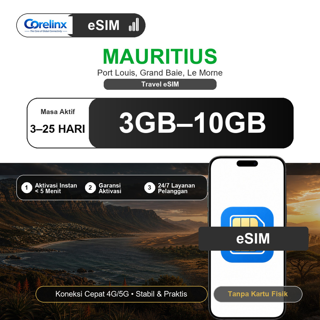 eSIM Mauritius 3GB-10GB 3-25 Hari Travel eSIM Data Internet Roaming 4G/5G QR Instan Langsung Aktif C