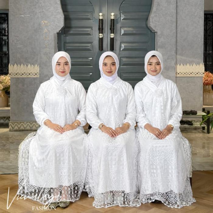Gamis Brukat Tile Polos Putih Kartini A-Line Baju Muslim Vima 75385