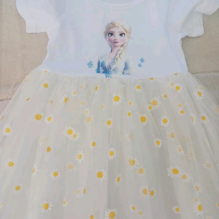 Dress Elsa Biru Hijau Putih Hitam Kuning Anak Import Kaos Tutu Sunflower Casual Gaun Frozen Impor