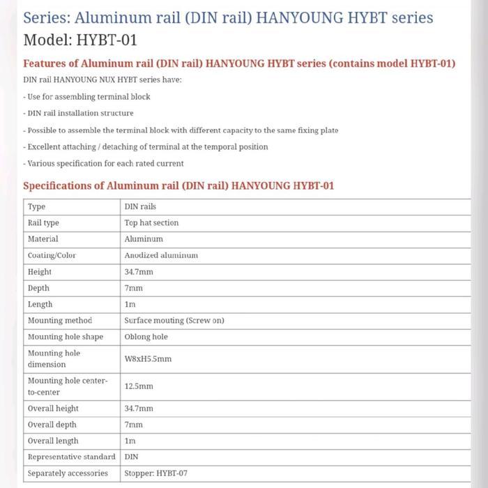Hanyoung Nux Rel Mcb Din Rail Alumunium Hybt-01 Hy Bt-01 Hy Bt01 Hybt01 1 Fungsi 1 Meter