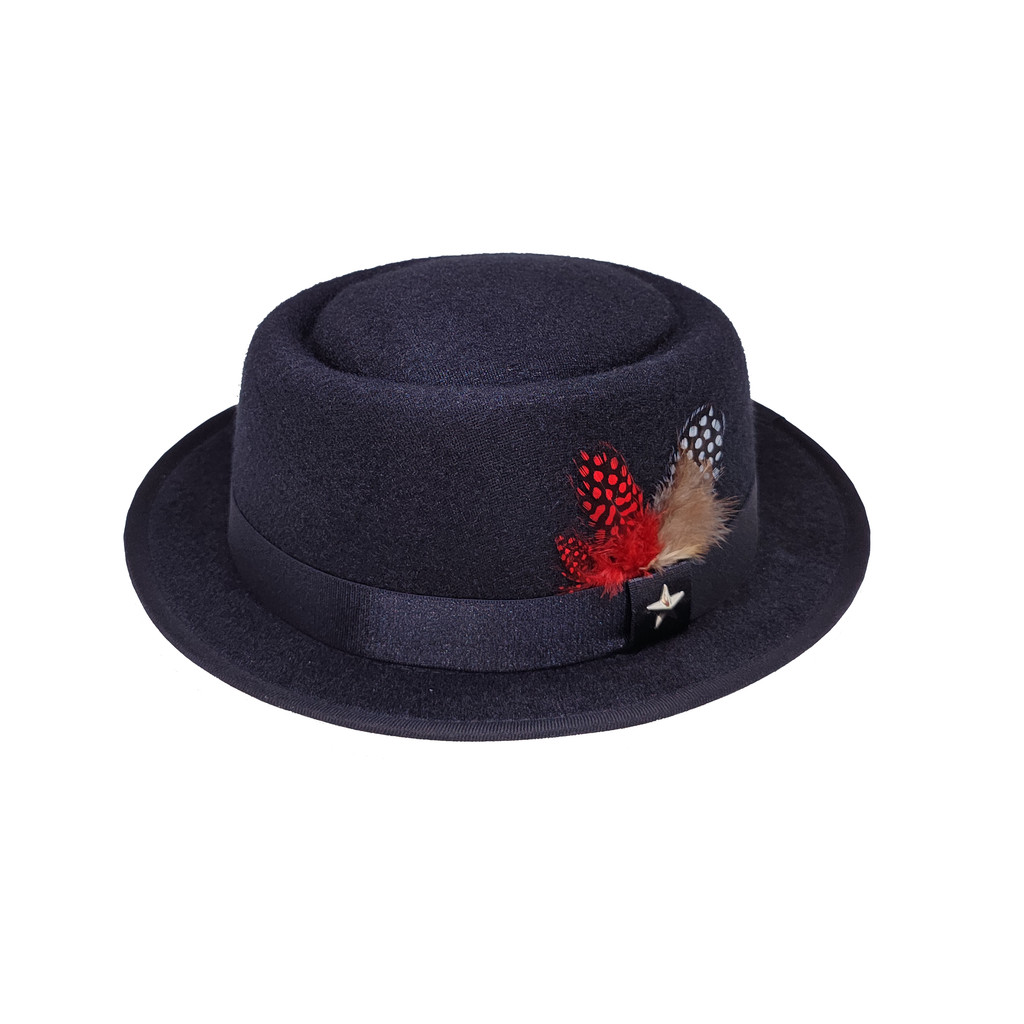Topi Fedora Porkpie Premium Pria dan Wanita Dewasa + Aksesoris Bulu Burung Pheasant Polkadot