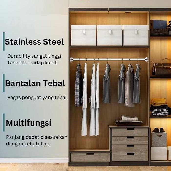 Ameena- Ceo Tongkat Gantungan Pakaian Tiang Gorden Tiang Serbaguna Teleskopik Stainless Steel Tiang