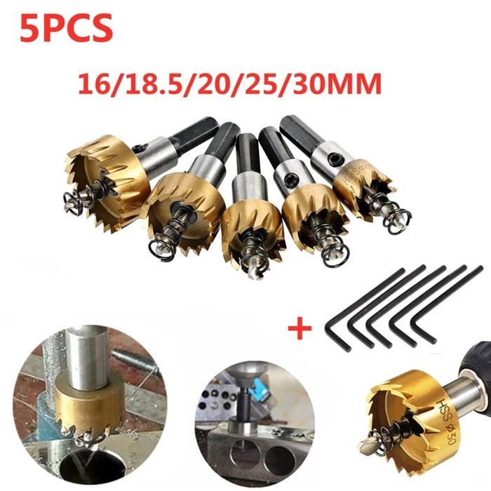 META Set Mata Bor Gergaji Lubang Berlapis Titanium HSS 5 pcs Mata Bor Gergaji Lubang Paduan Logam