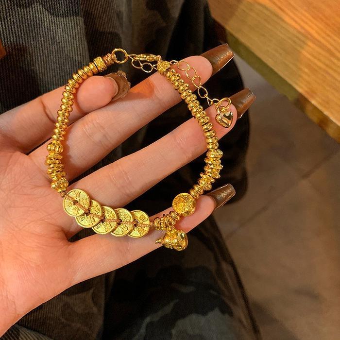 [Bluom] Gelang Tangan Koin Kuno Labu Gaya Tiongkok Kuno Modern Warna Emas Mewah Unik Q241