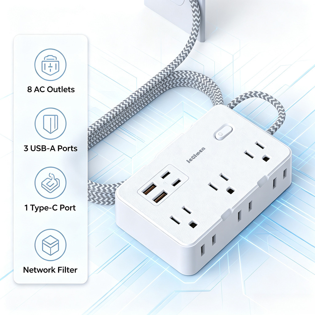 US Standard Plug AC Outlet Surge Protector Power Strip Braided Extension Cord Smart Socket EMI