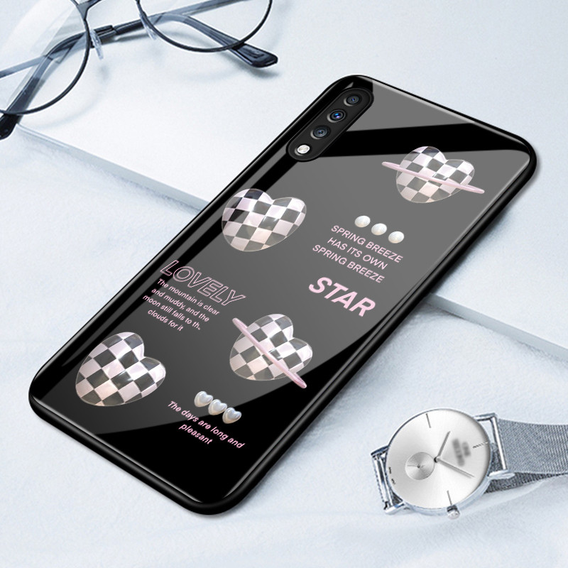 Casing Hp Untuk Samsung A70 A70s A80 Case Hati kotak-kotak hitam putih Hardcase Kaca Kasing silikon 
