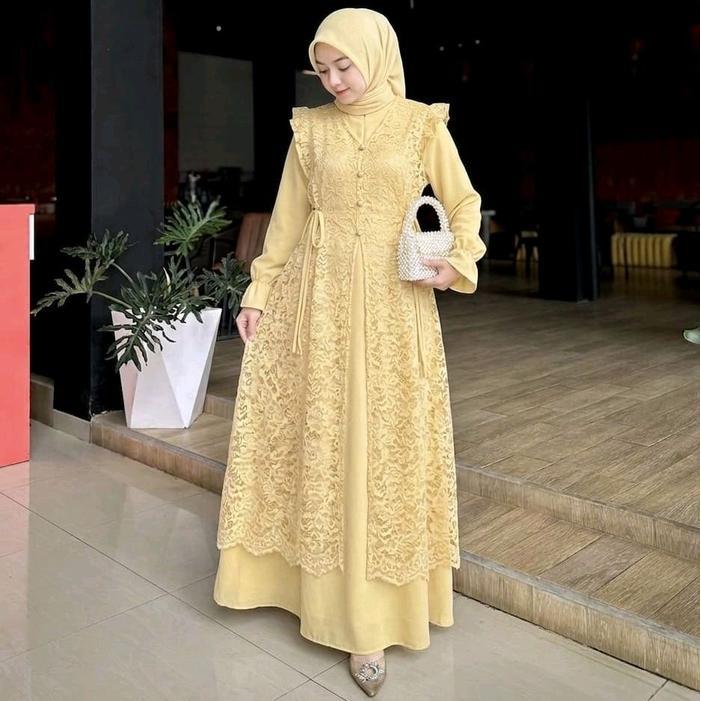 DISKON Audy Dress Rompi Brokat Satin Silk Gamis Lebaran Model Terbaru Butter Yellow Elegant Simple