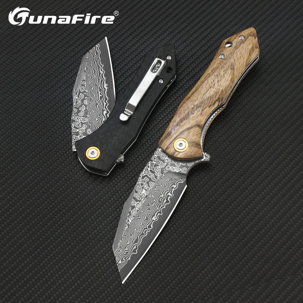 Tunafire Damascus Folding Knife Zebra wood/carbon fiber G10 Handle Tanto Pocket Knives EDC Tactical