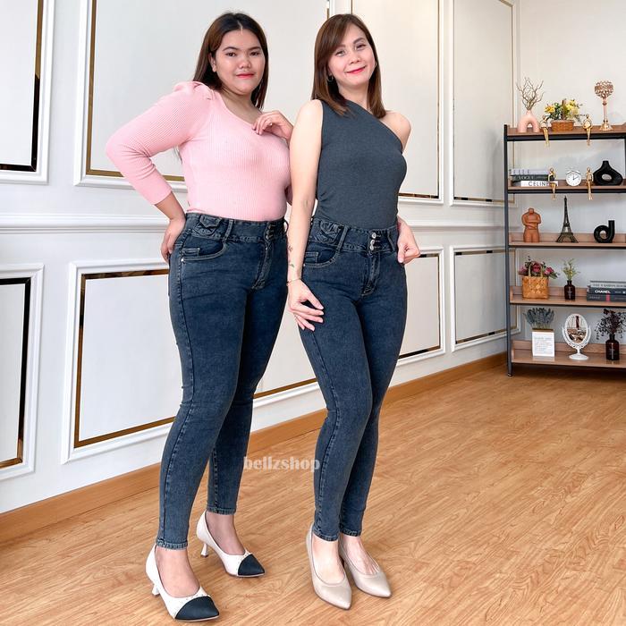 elsi- Bellzshop - Celana Jeans Highwaist Wanita Skinny Soft Stretch Snow Black Ghea Premium