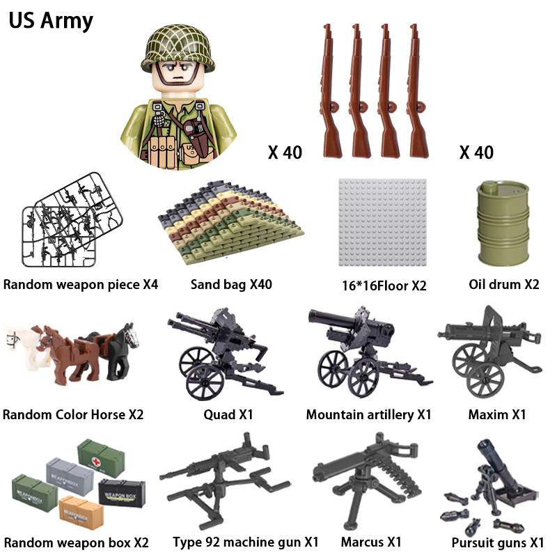 WWII Infantry Military Soldier War National Army Mini Gun armament Models Building Blocks Building
