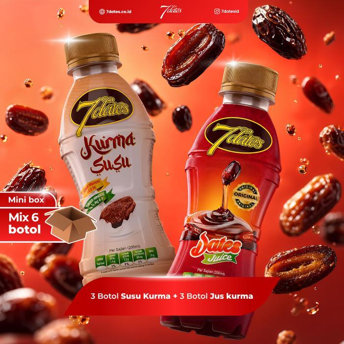 7Dates box isi 6 botol Mix, 3 Susu kurma+ 3 Jus kurma. 7Dates Secial Box isi 6 botol Mix, 3 botol
