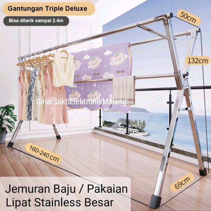 Jemuran Baju Besar Lipat Besar Stainless Tempat Jemuran Pakaian Handuk Kuat