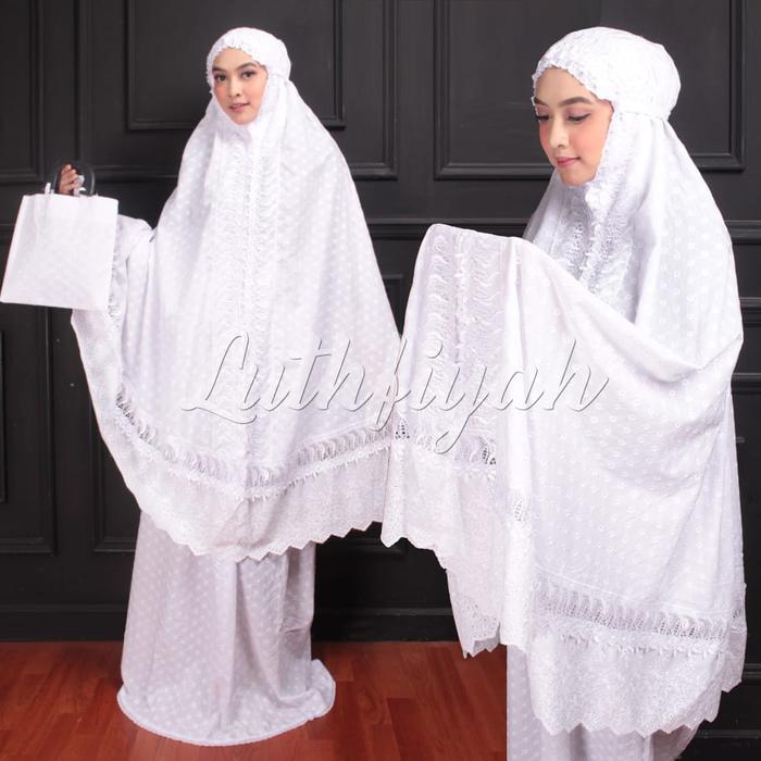 Mukena Katun Jepang Poliester Motif Adem Polos Bunga Putih Renda Bordir Dewasa Remaja Kombinasi