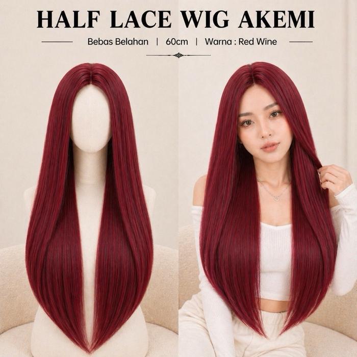BERKUALITAS [AKEMI HAIR] - HALF LACE WIG AKEMI LURUS 60cm RED MERAH MAROON BURGUNDY RED WINE WIG