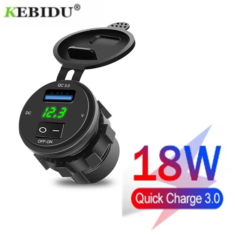KEBIDU Quick Charge 3.0 USB Car Charger Socket Digital Display Voltmeter Charger Socket with ON-OFF