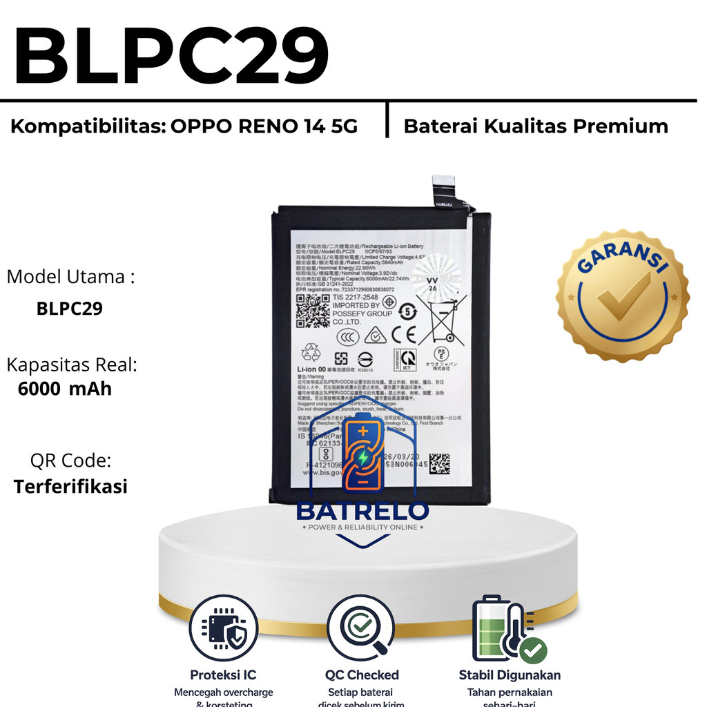 BATRELO Baterai Untuk Hp OPPO RENO 14 5G BLPC29 6000 mAh Sudah Dites Bisa COD Bergaransi