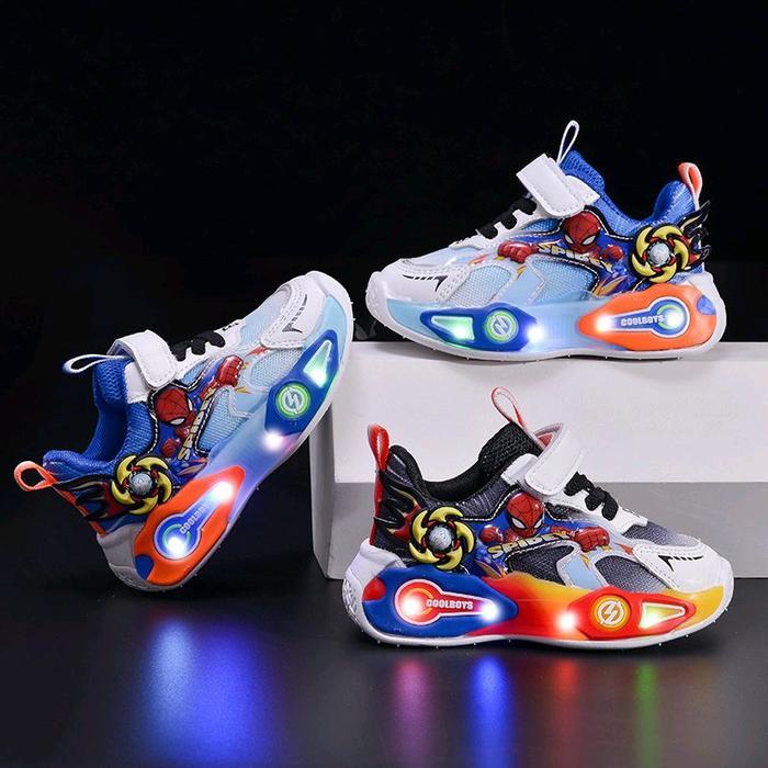 SPMJ - Sepatu Sneakers Anak LED Motif Spiderman /Sepatu LED Anak Laki-laki IMPORT
