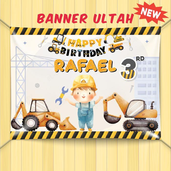 Banner Ulang Tahun Konstruksi Excavator Buldozer Truk Spanduk Custom Nama Dekorasi Pesta Ultah Anak