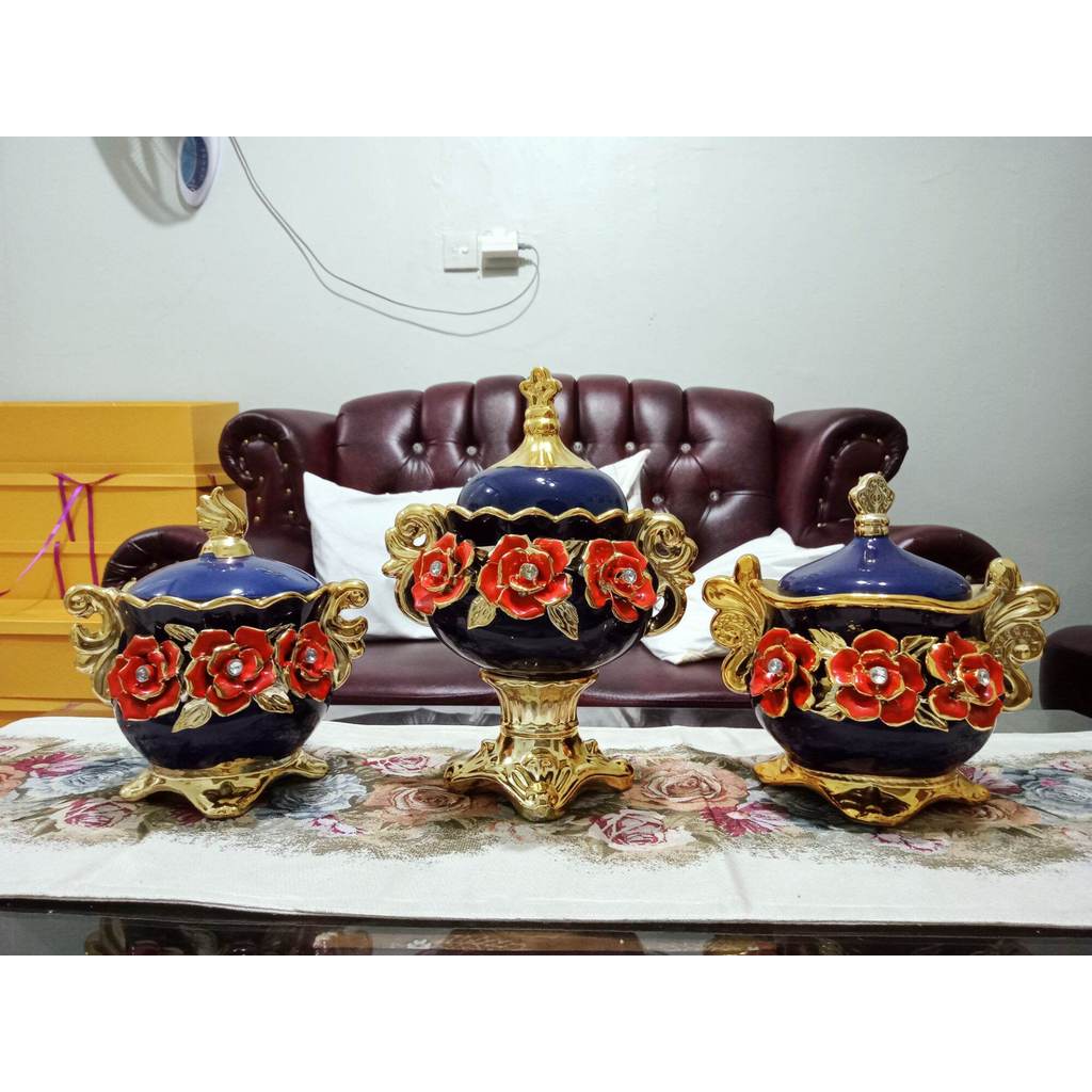 pajangan keramik toples set 3 / pajangan keramik impor / keramik hias meja / dekorasi rumah / pajang