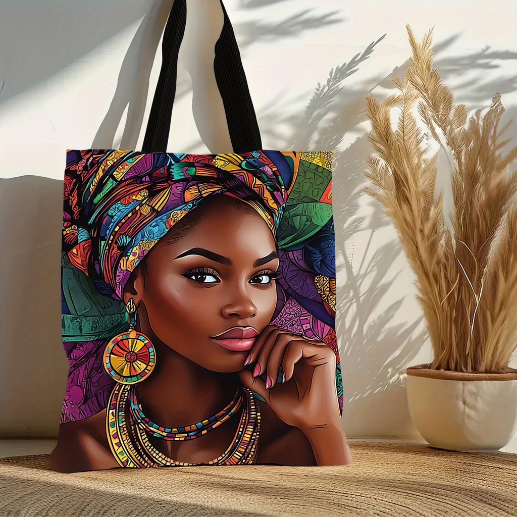 African Women Print Linen Tote Bag, Aesthetic School Shoulder Bag, Lightweight Grocery Shopping Bag