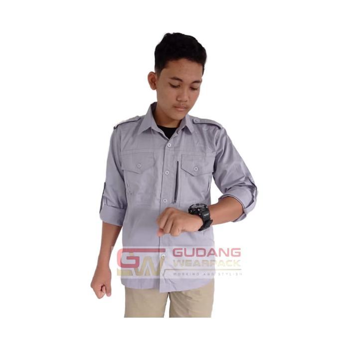 Baju Atasan Kancing Model PDL/PDH Lengan Panjang Warna Polos - Abu Muda, M