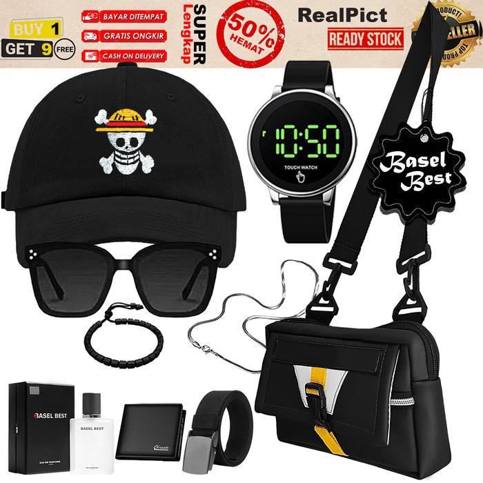 Stel Padiah Asesoris Pria Lengkap 9in1 Jam Tangan Touch Watch Digital Gratis Topi + Tas Selempang +