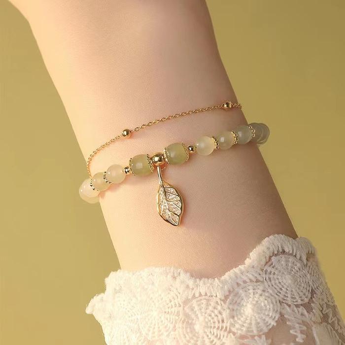 Gelang Tangan Batu Giok Hetian Alami Aksen Daun Emas Untuk Wanita