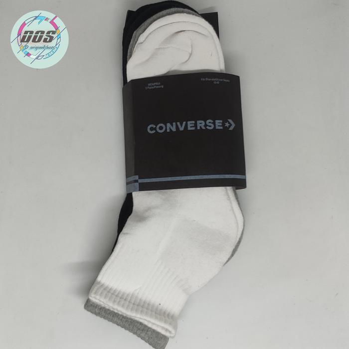 Converse Kaos Kaki Quarter Sock Unisex Original 3 Pasang Warna Hitam Abu Putih Bahan Cotton Anti
