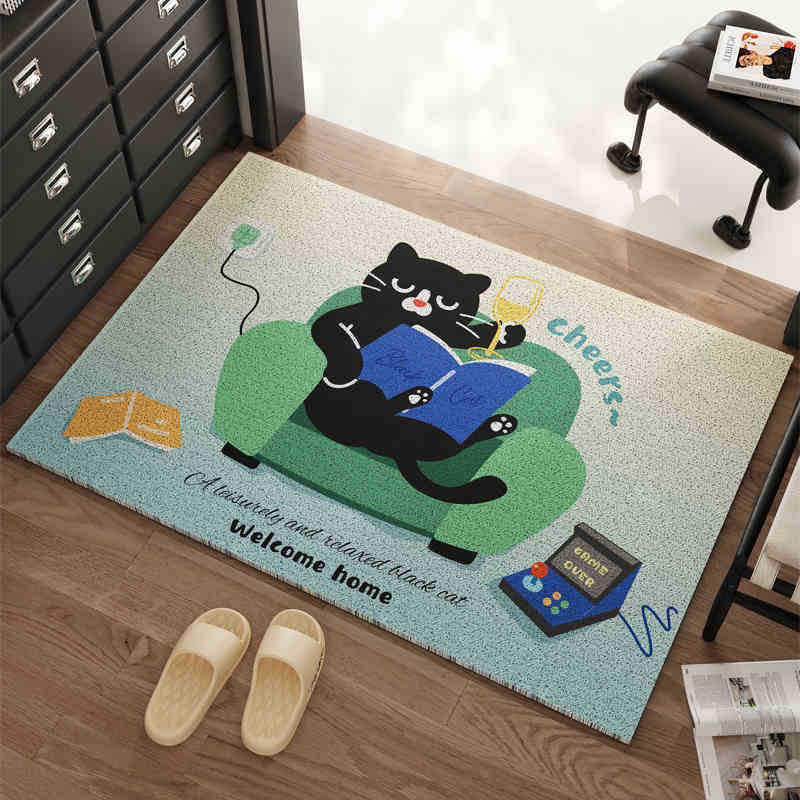 3D floor mat Kartun Kucing Hitam Karpet Tikar Karpet Santai Membaca Desain dengan Teks Selamat Datan