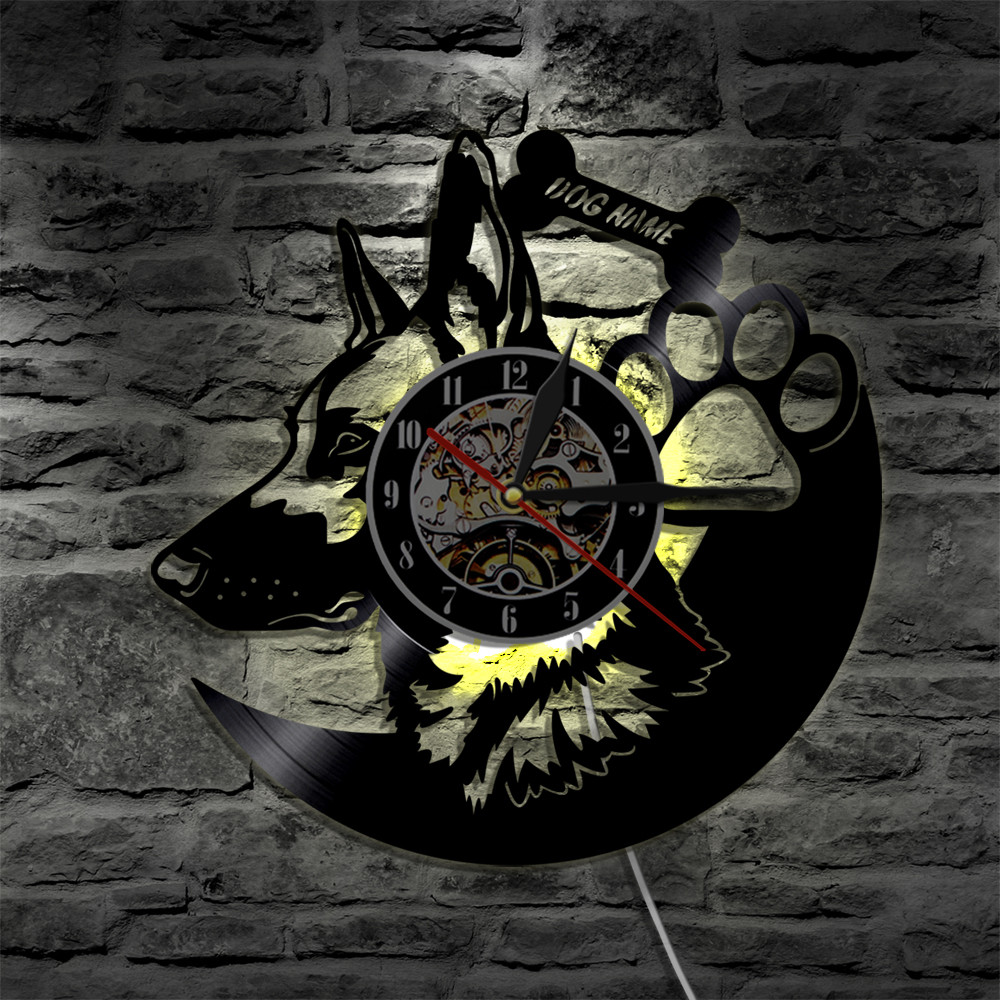 German Shepherd Dog Wall Clock Home Decor Dog Breeds Vinyl Record Vintage Clock Custom Dog Name Wall