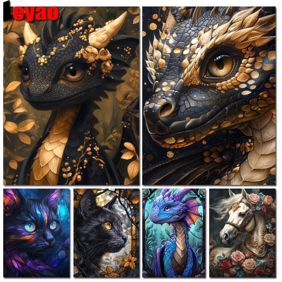 Mystical Stained Glass Cat Dragon 2024 Diamond Painting Cross StitchFantasy Carousel Horse Diamond E