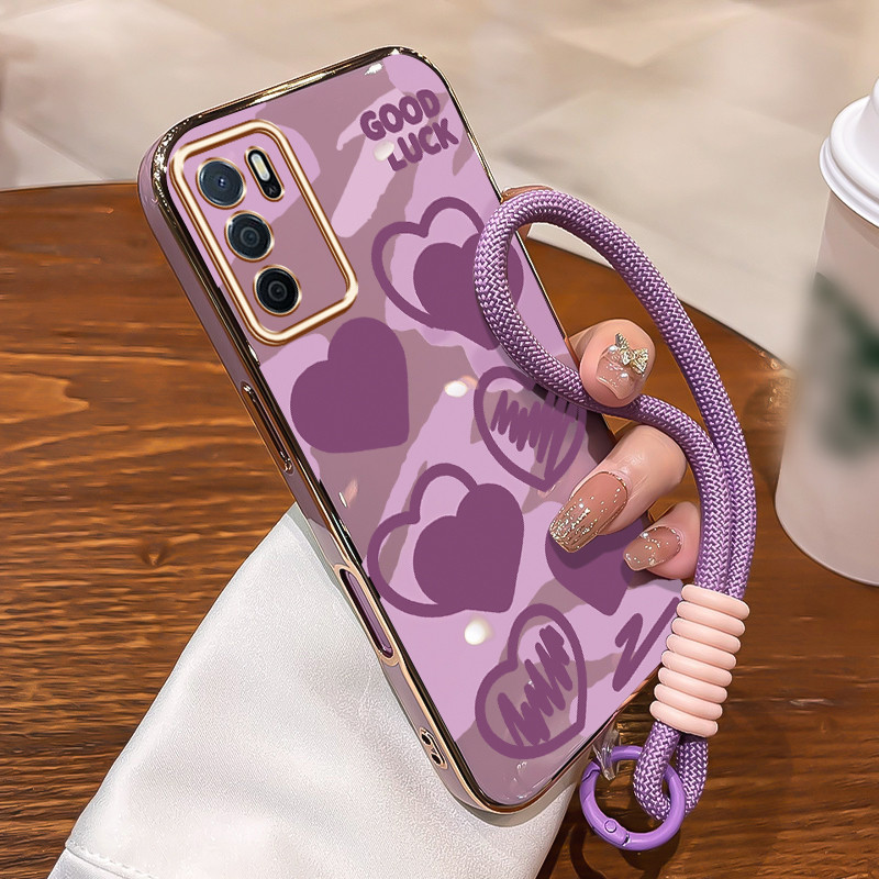 Casing HP Untuk OPPO A16 A16s A54s Case Ungu Lucu Motif Hati Kasing Free Tali Lanyard Cesing Elektro