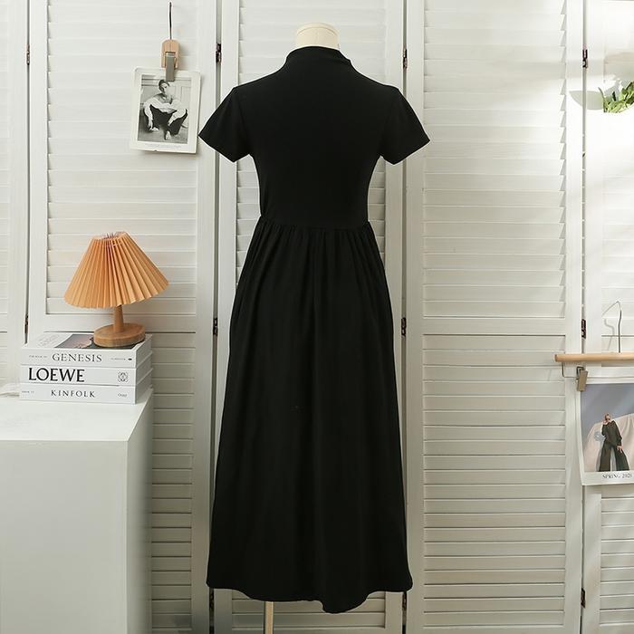 u5u1- Cod Dress Korean Style Hitam Jumbo Panjang Dress Hitam Midi Lengan Pendek Dewasa Dress