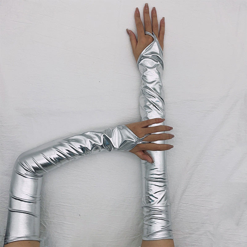 Women Ladies Wetlook Metallic Fingerless Latex Mittens Patent Leather Elbow Length Long Gloves Sexy